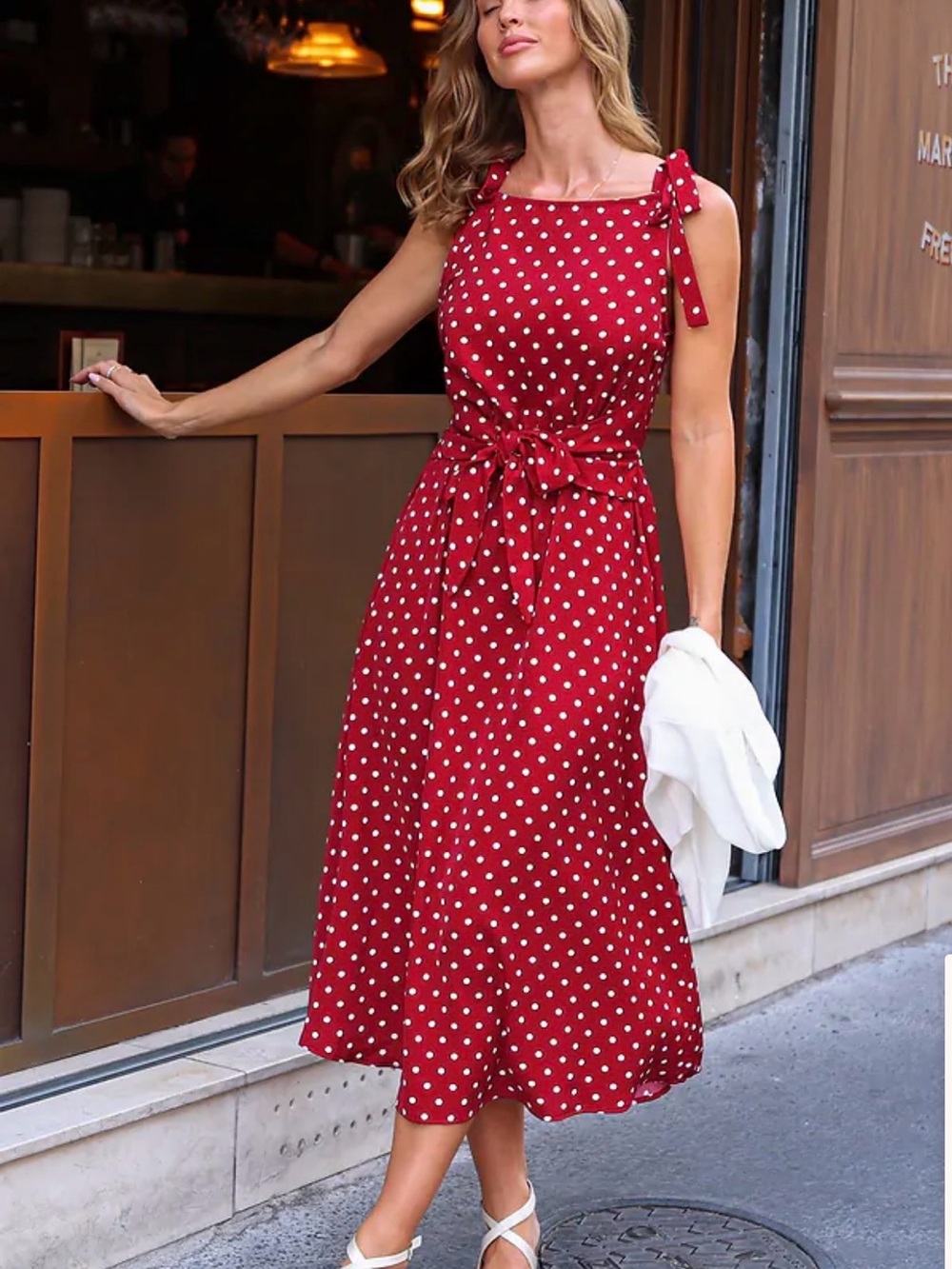 Red Polka Dot Tie-Waist Midi Dress